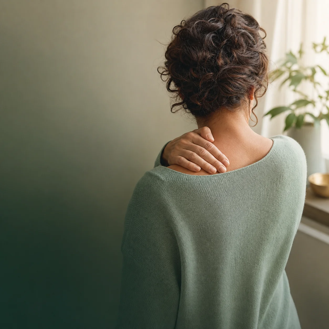 A person resting one hand gently on the opposite shoulder